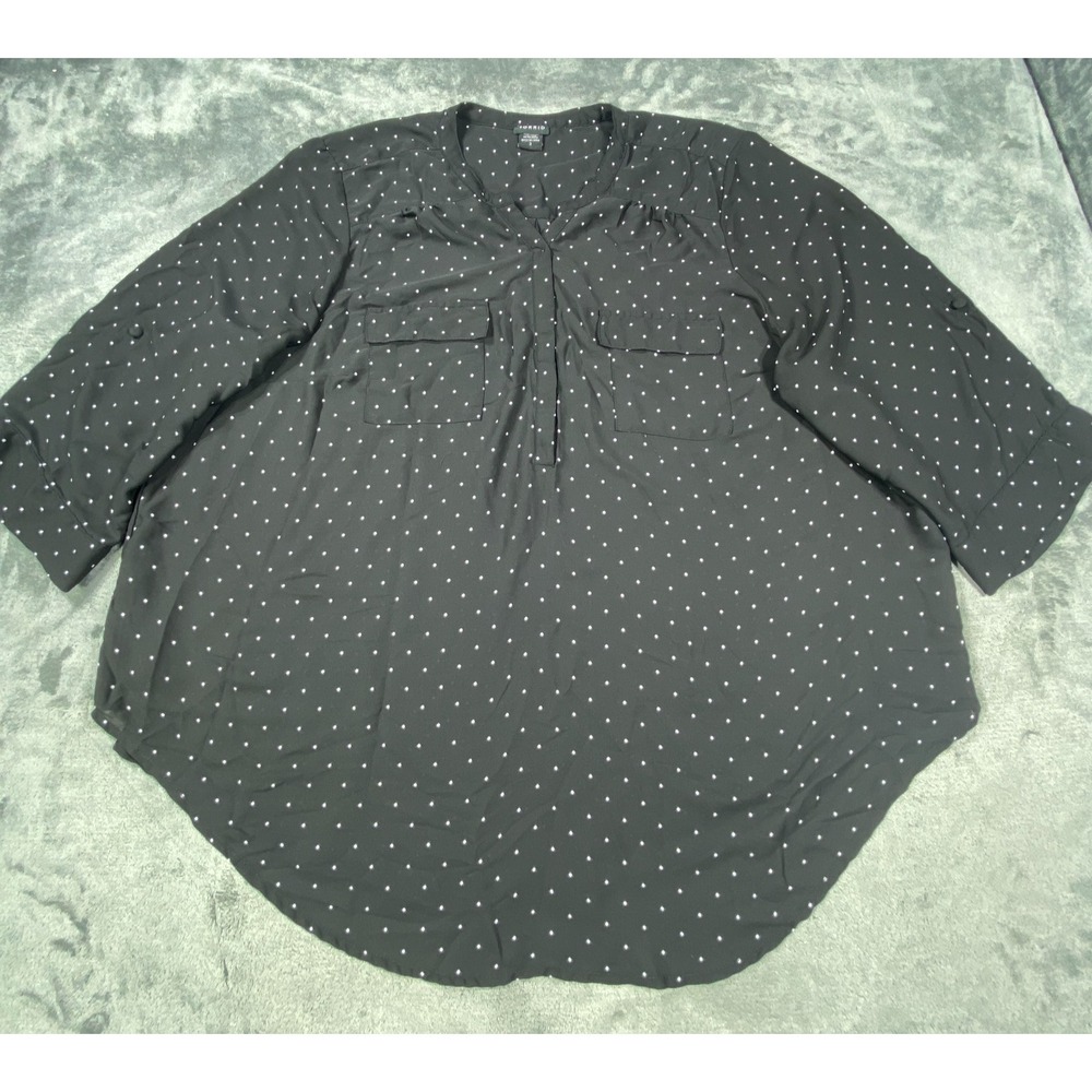 Torrid Shirt Womens Size 3 Polka Dot Plus Long Sleeve Flowy Blouse Black